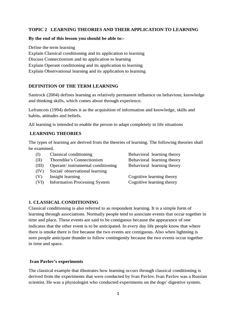 Topic 2 Learning Theories Pdf Classical Conditioning Reinforcement