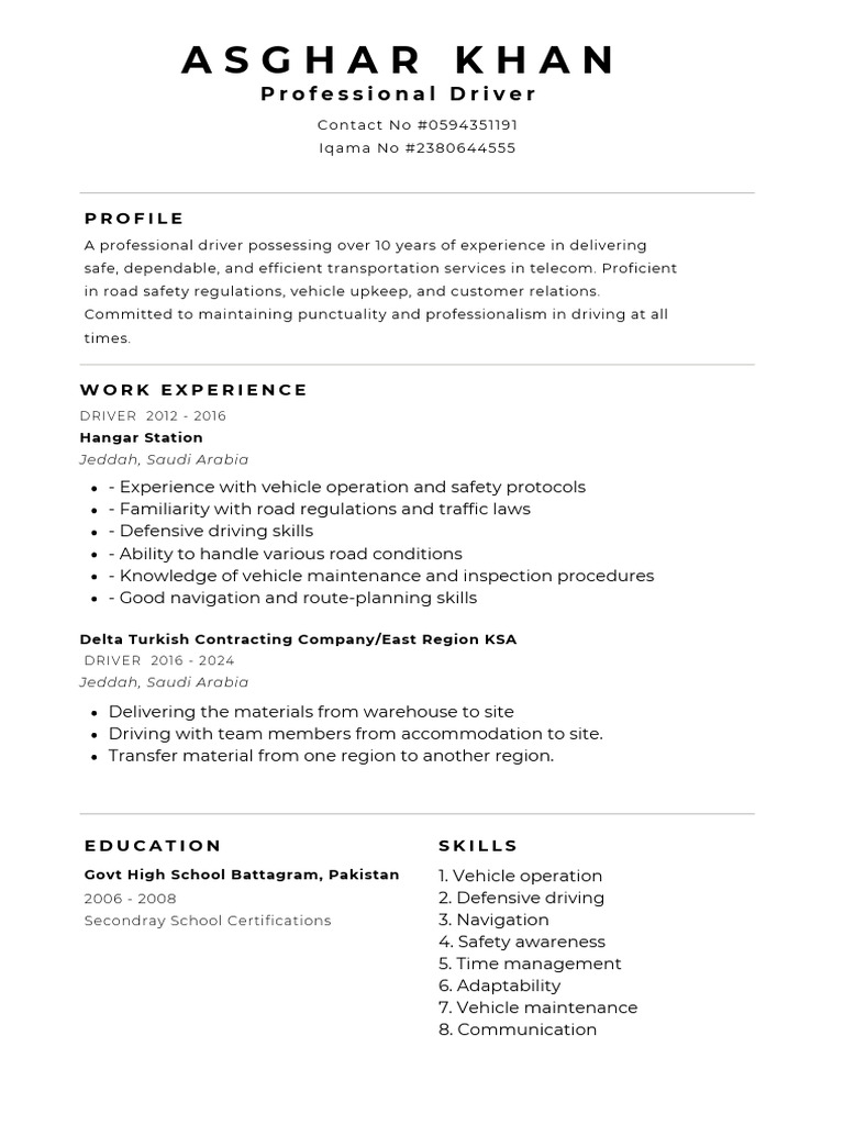 Asghar Khan (Driver CV) | PDF