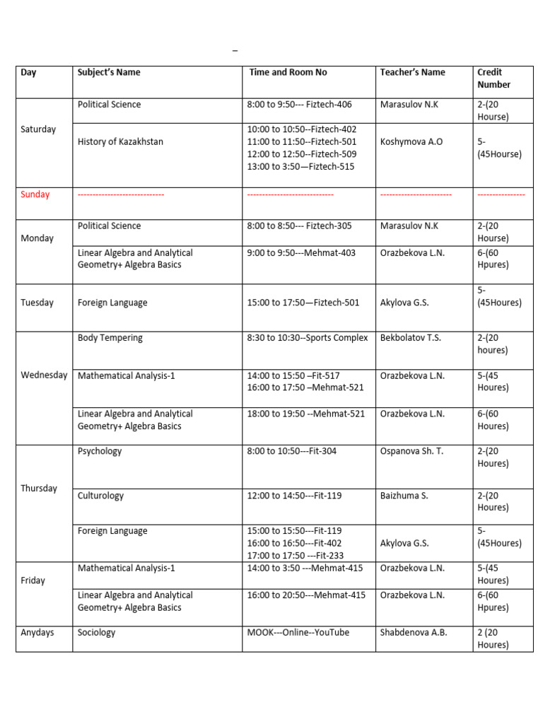 Class Schedule | PDF | Mathematics