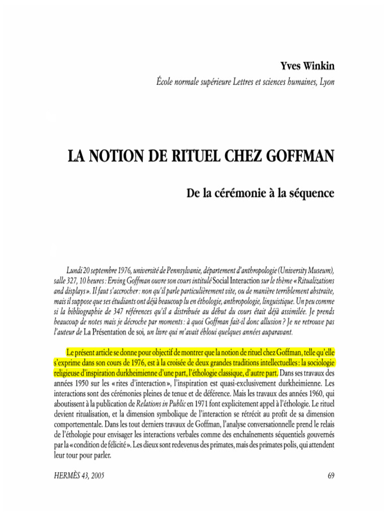 Rituel et interaction chez Goffman | PDF | Émile Durkheim ...
