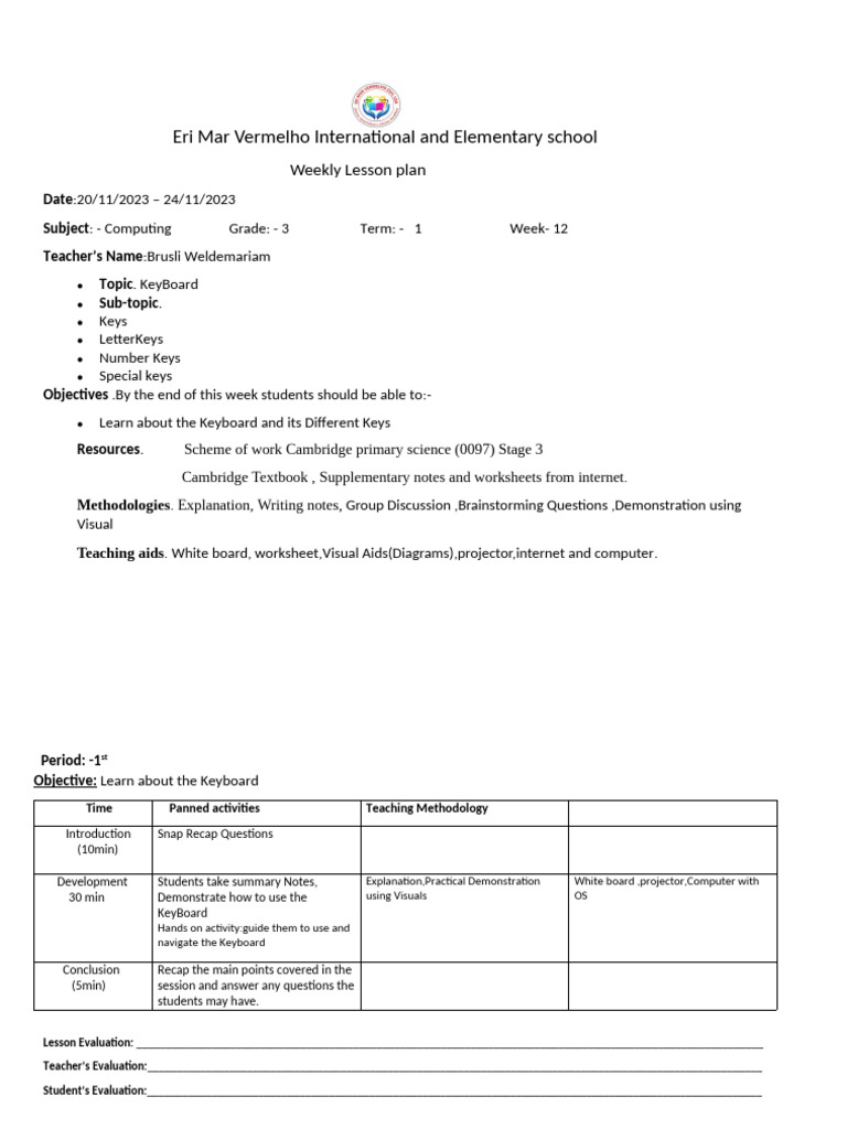 Grade 3 Computing Term 1 w.p 12 | PDF | Lesson Plan | Teaching