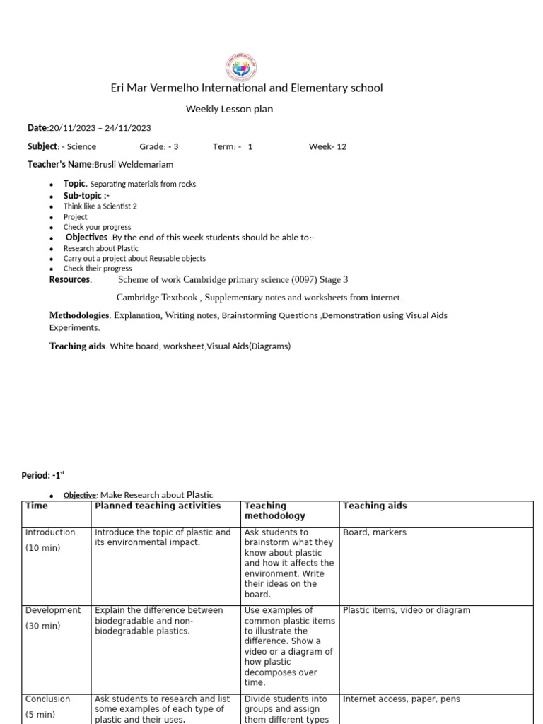 Weekly Science Lesson Plan for Grade 3 | PDF | Evaluation | Teachers
