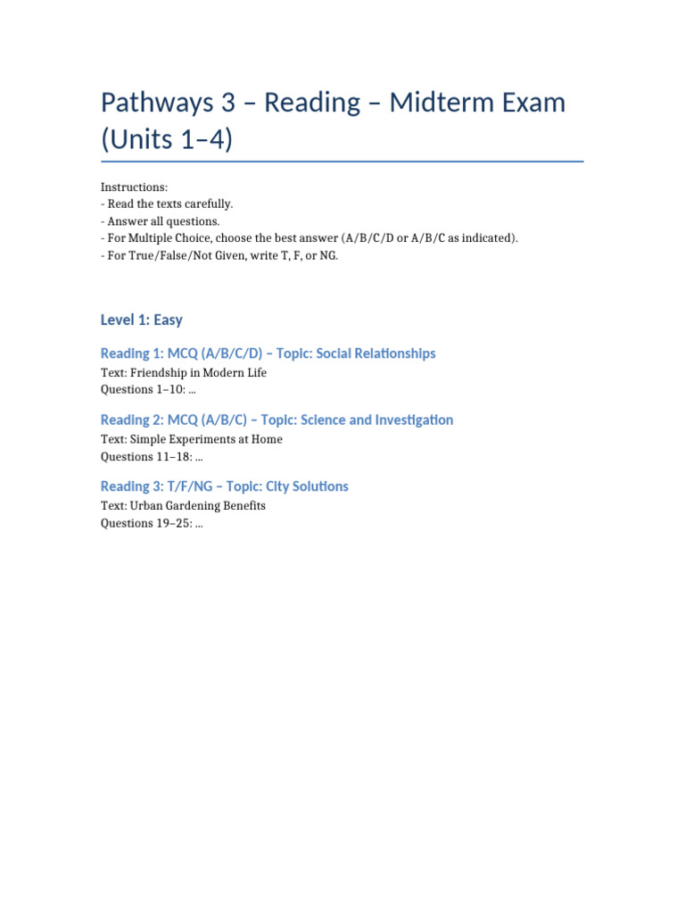 Pathways 3 Reading Midterm Exam Guide | PDF