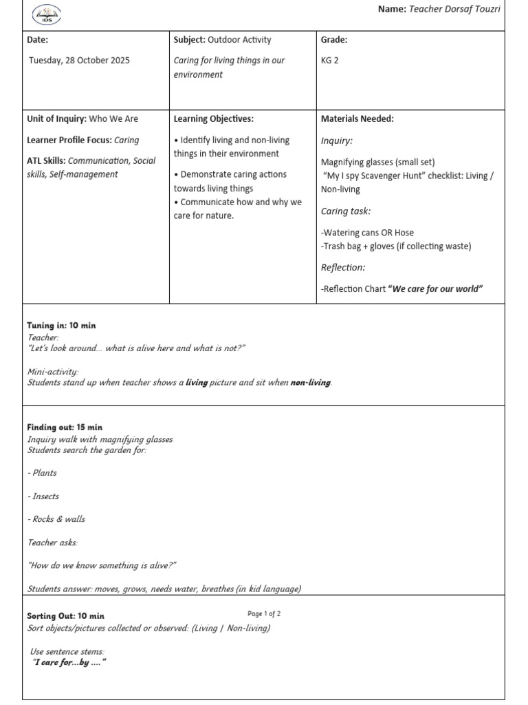 Outdoor Lesson Plan 28th October 2025 | PDF | Cognition | Behavior ...