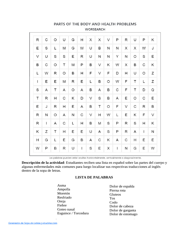 Wordsearch - Parts of The Body and Health Problems | PDF