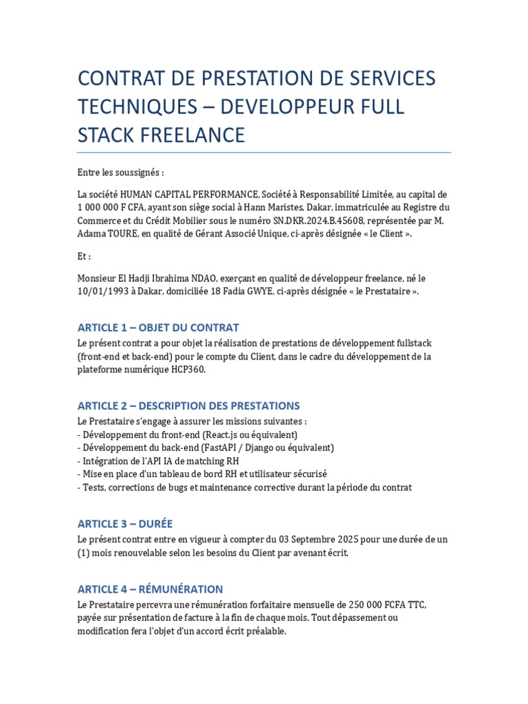 Contrat Développeur Full Stack Freelance | PDF