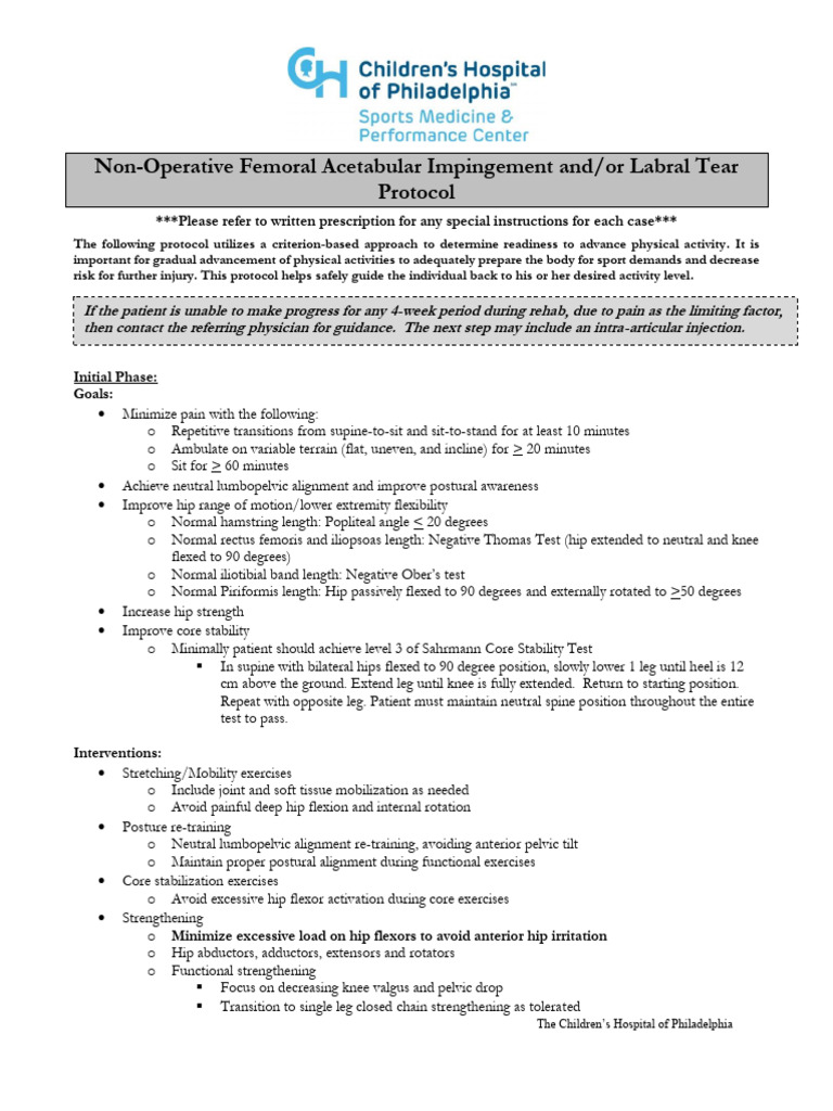 Non Operative Femoral Acetabular Impingement Labral Tear Protocol | PDF ...