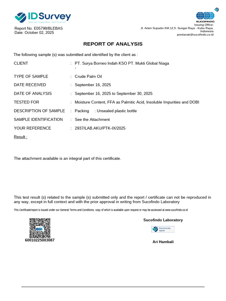 Crude Palm Oil Analysis Report E05798 | PDF