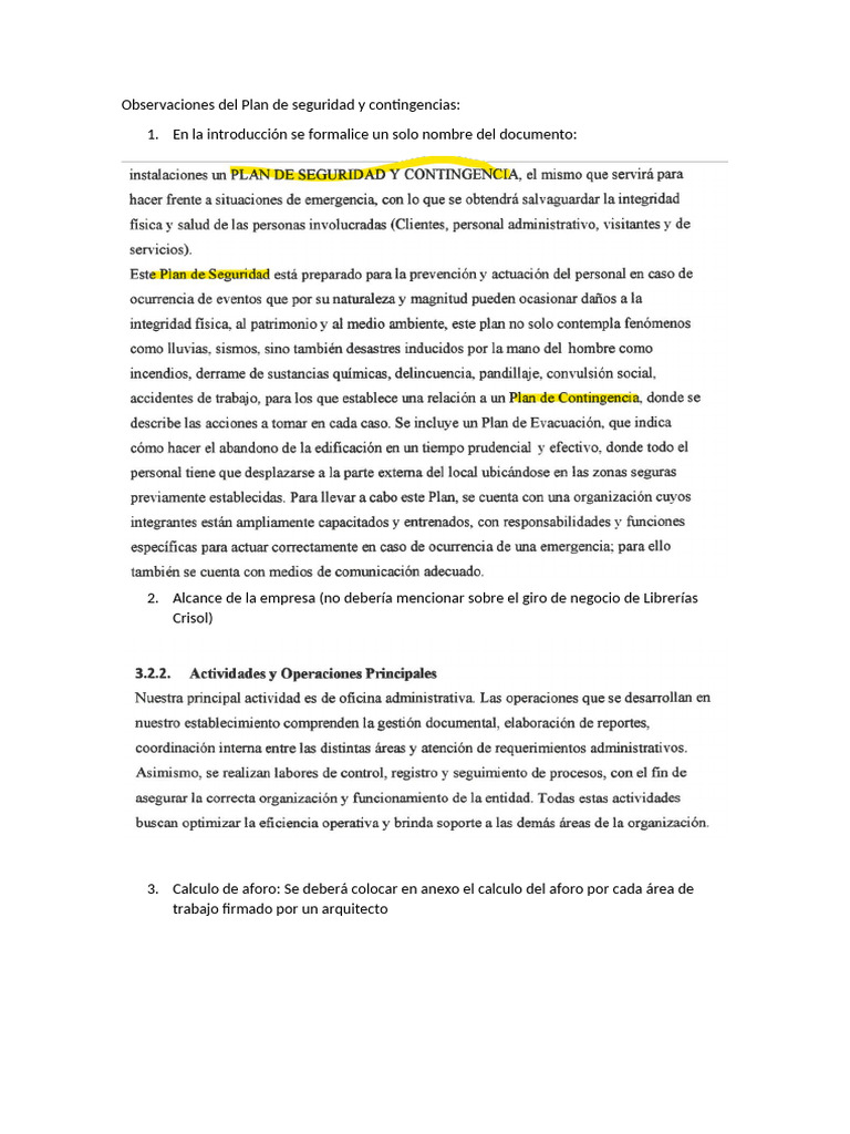 Observaciones Del Plan de Seguridad y Contingencias | PDF