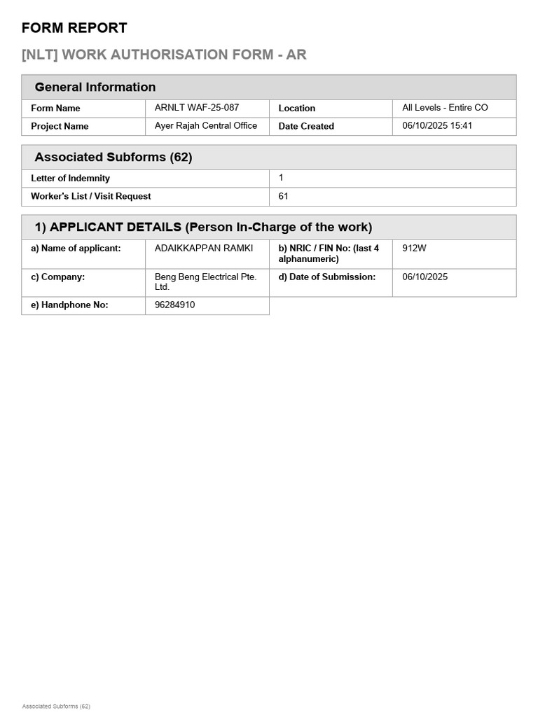 Ayer Rajah Work Authorization Form | PDF | Safety | Occupational Safety ...