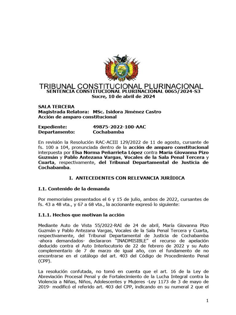 Amparo Constitucional en Cochabamba 2024 | PDF | Apelación | Caso de ley