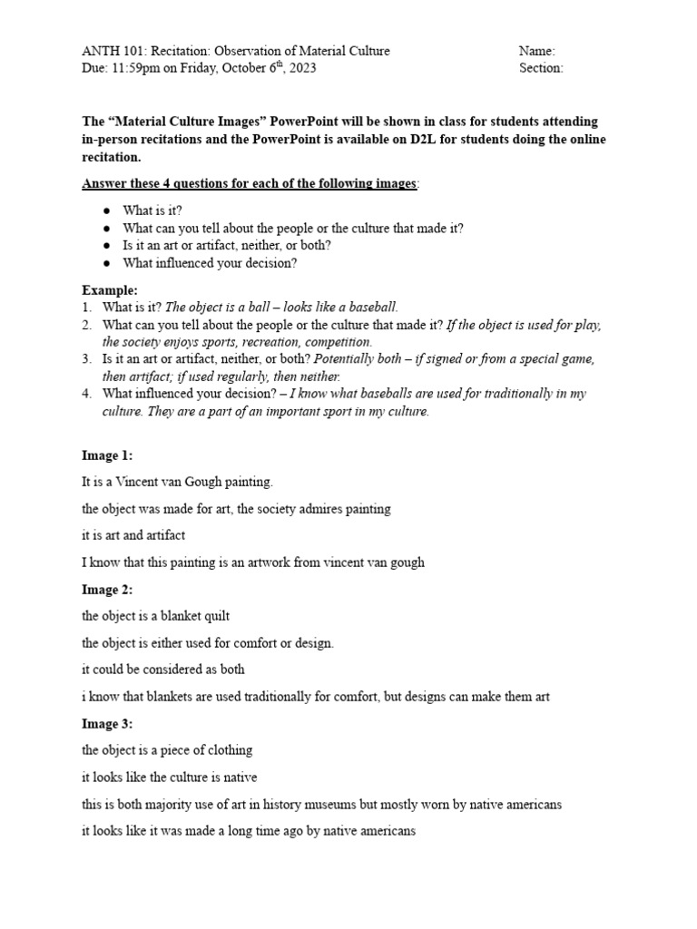 ANTH101 Recitation 6 - Observation of Material Culture | PDF