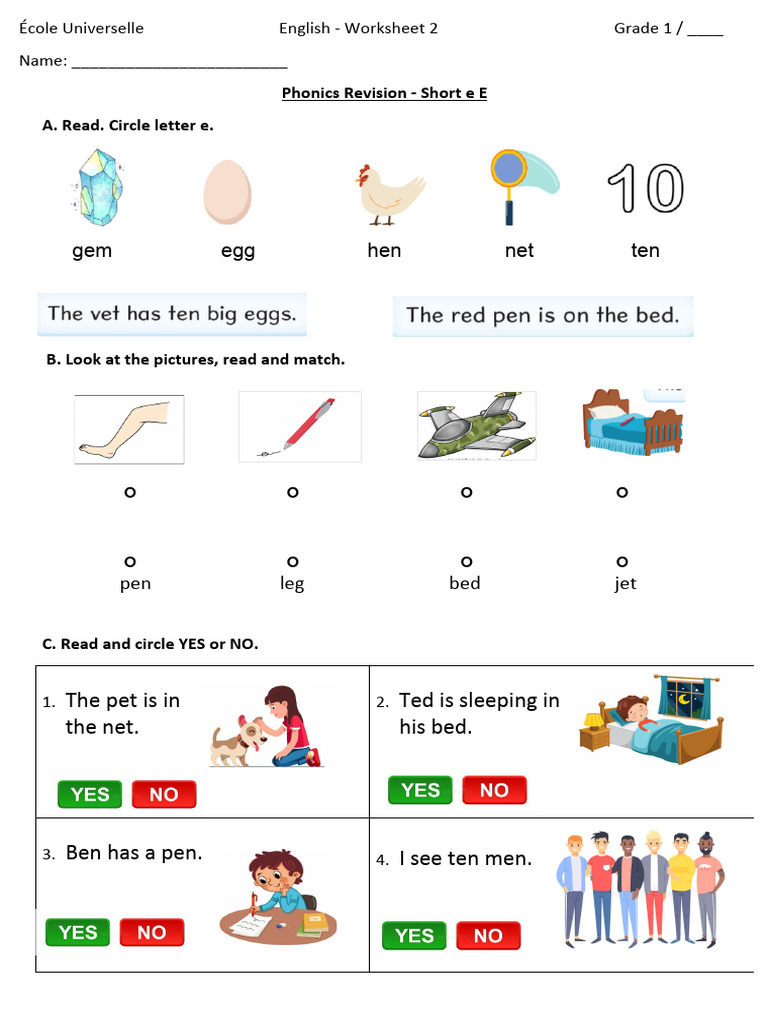 Grade 1 Phonics Worksheet: Short e | PDF