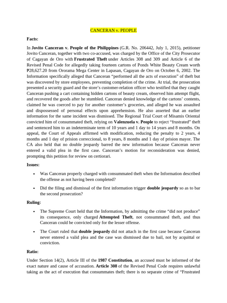 CANCERAN v. PEOPLE | PDF | Double Jeopardy | Plea