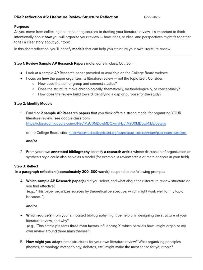PReP Reflection #6 - Lit Review Structure | PDF | Literature Review ...