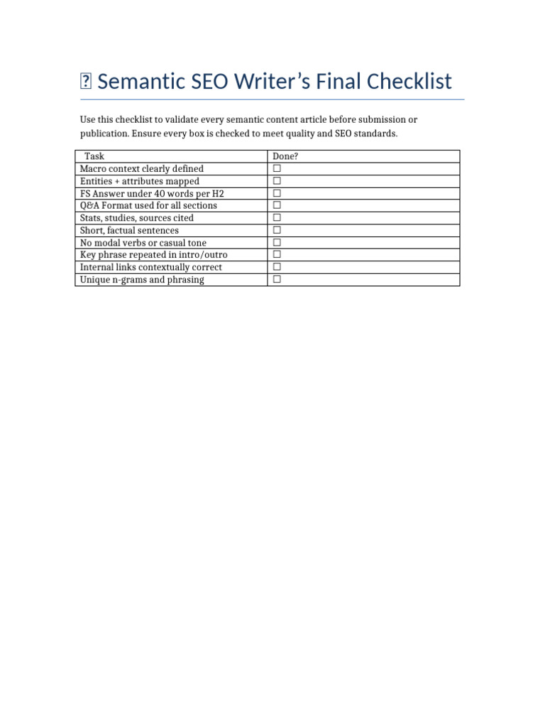 Semantic SEO Writer Checklist PDF | PDF