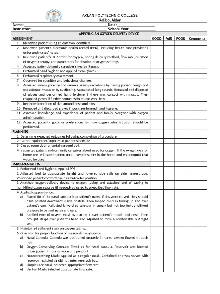 Final Checklist No 7 Applying An O2 Delivery Device | PDF | Respiration ...