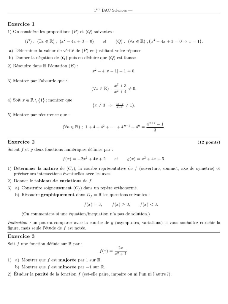 Exercices de mathématiques 1ère BAC Sciences | PDF | Mathématiques