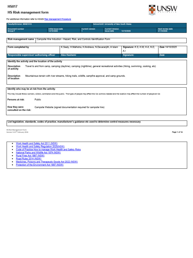 Campsite Hire Risk Management Form | PDF | Risk | Traffic Collision