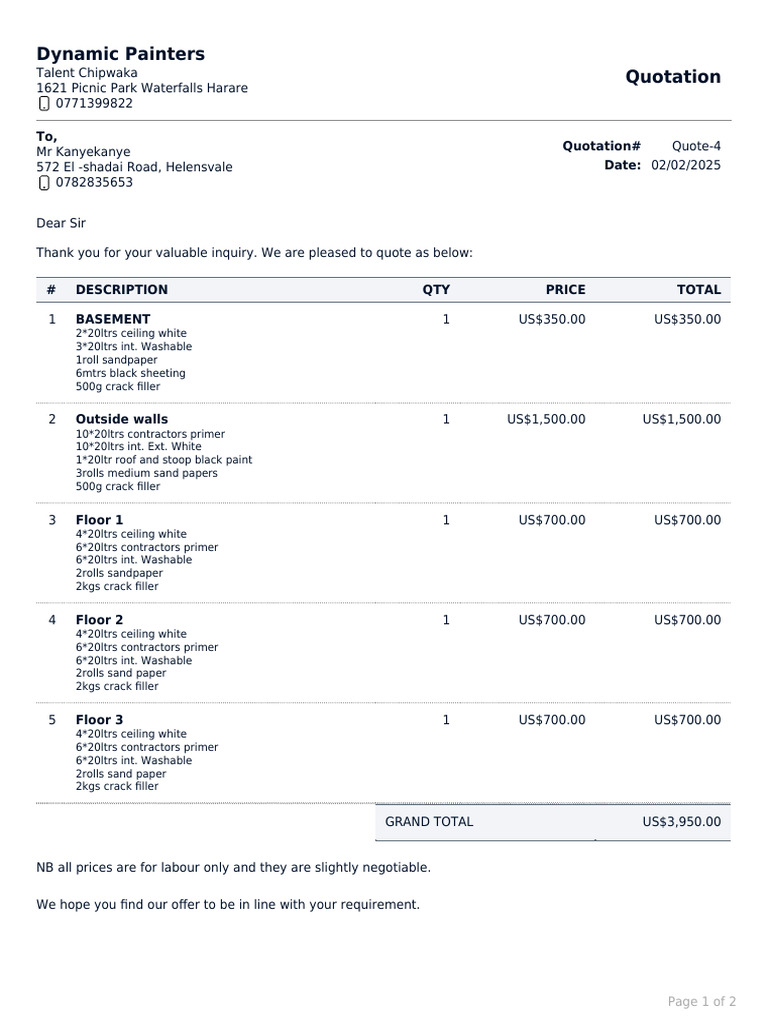 Dynamic Painters Quotation Details | PDF