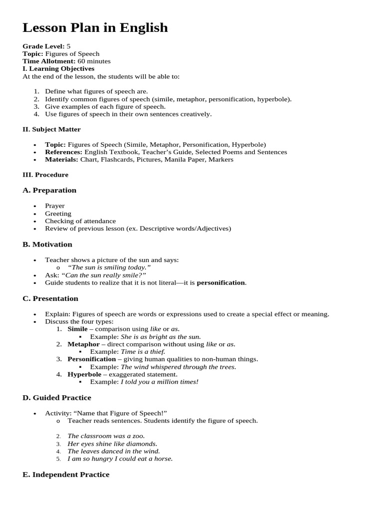 Grade 5 Lesson Plan: Figures of Speech | PDF | Metaphor | Lesson Plan