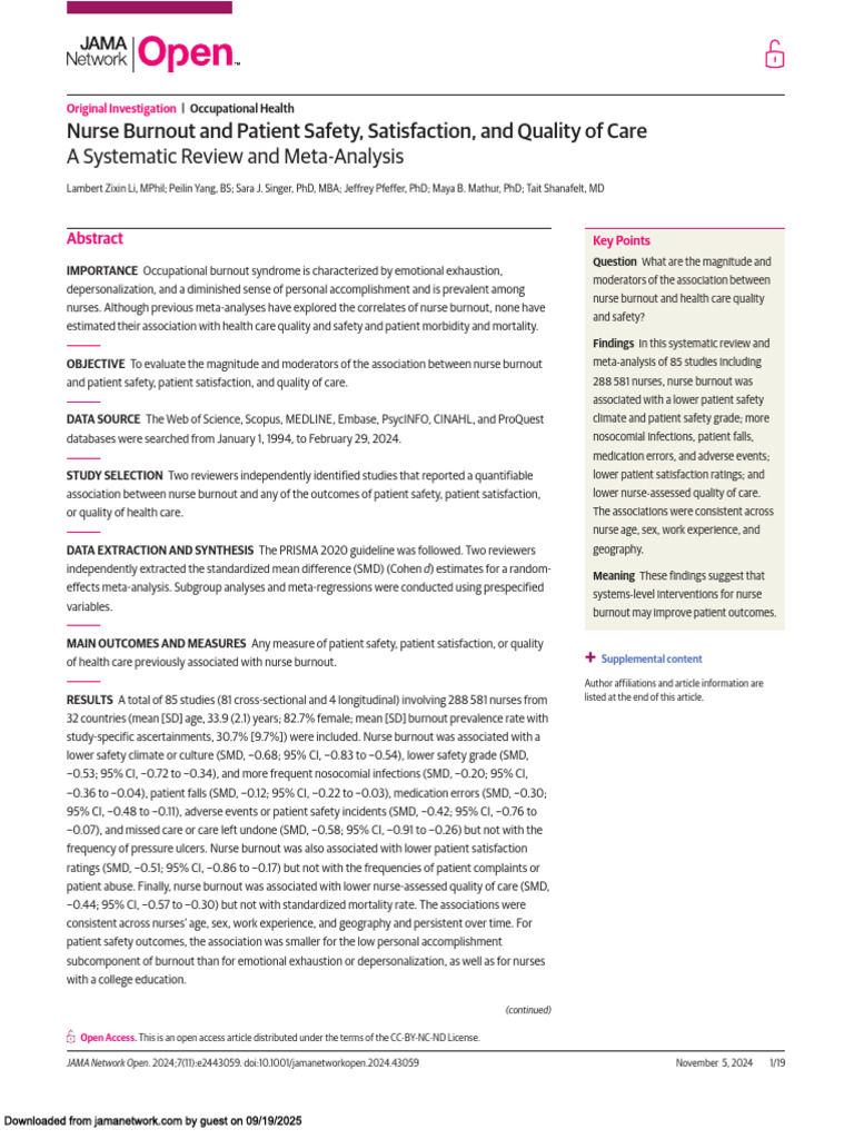 Nurse Burn Out and Patient Satiftaction, and Quality of Care | PDF ...