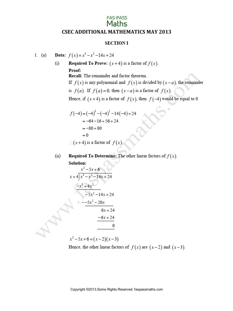 CSEC Additional Mathematics May 2013 Solutions | PDF | Acceleration | Area