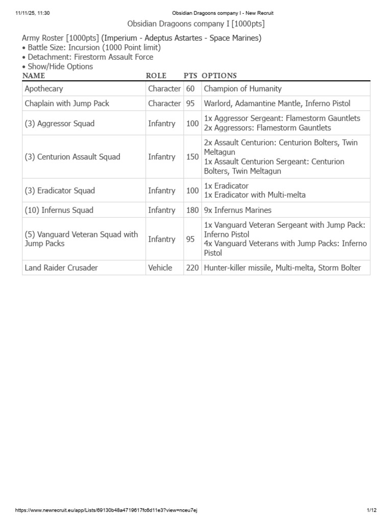 Obsidian Dragoons 1000pt Army Roster | PDF | Infantry | Military