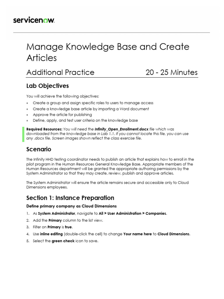 SNAF - Manage Knowledge Bases and Create Articles Lab | PDF | System ...