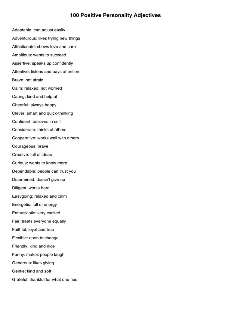 100 Positive Personality Traits List | PDF | Psychological Concepts ...