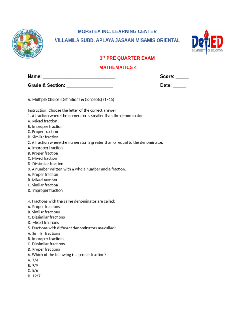 Mathematics 4 Pre-Quarter Exam Guide | PDF | Discrete Mathematics ...