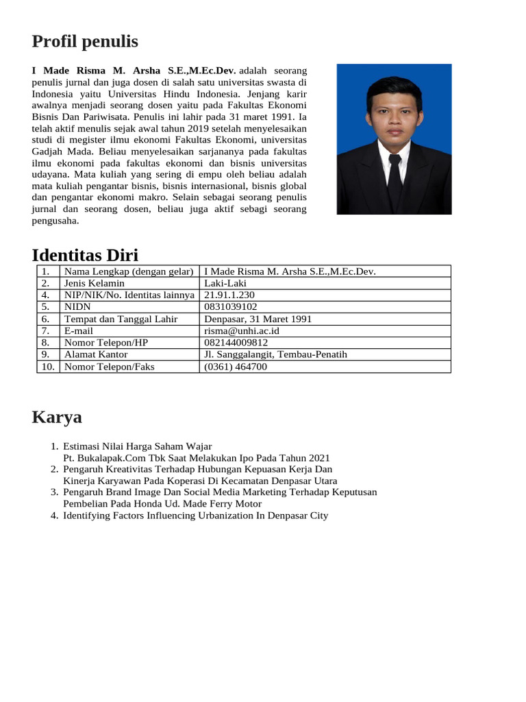 Profil I Made Risma M. Arsha, Dosen dan Penulis | PDF