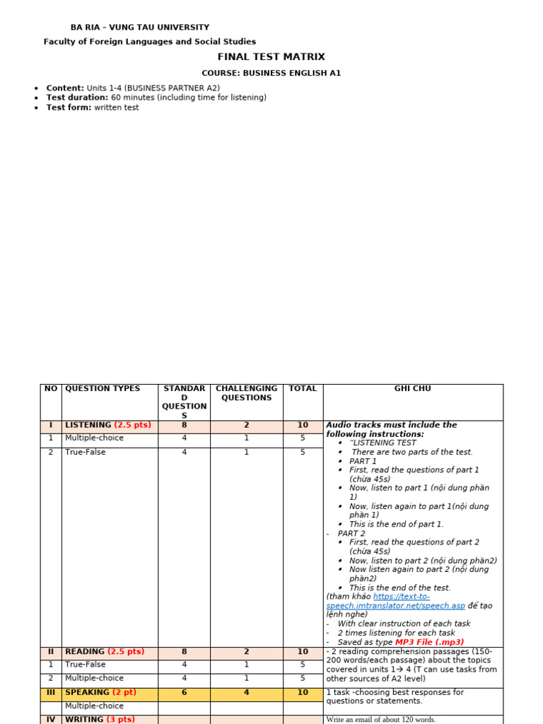 Business English A1 Final Test Matrix | PDF | Learning | Pedagogy