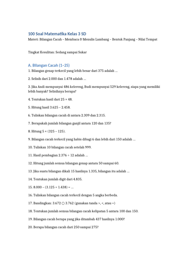 Soal Matematika Kelas 3 SD Lengkap | PDF