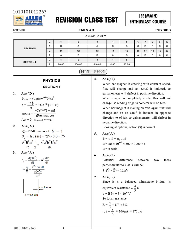 06 Week-02 Phy Class Test#06 Emi & Ac Hs | PDF | Physical Quantities ...