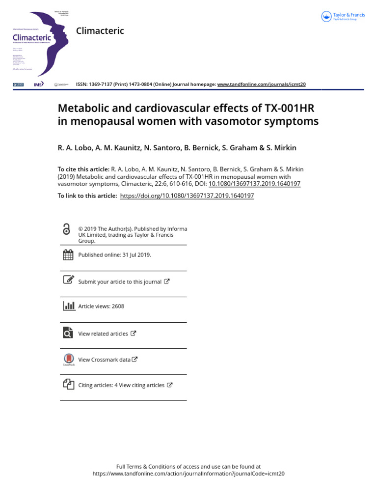 2019 - Metabolic and Cardiovascular Effects of TX-001HR in Menopausal ...