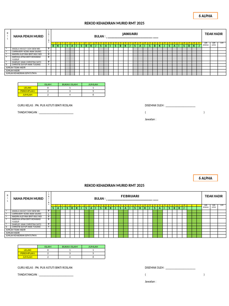 Rekod Kehadiran Murid RMT 2025 | PDF