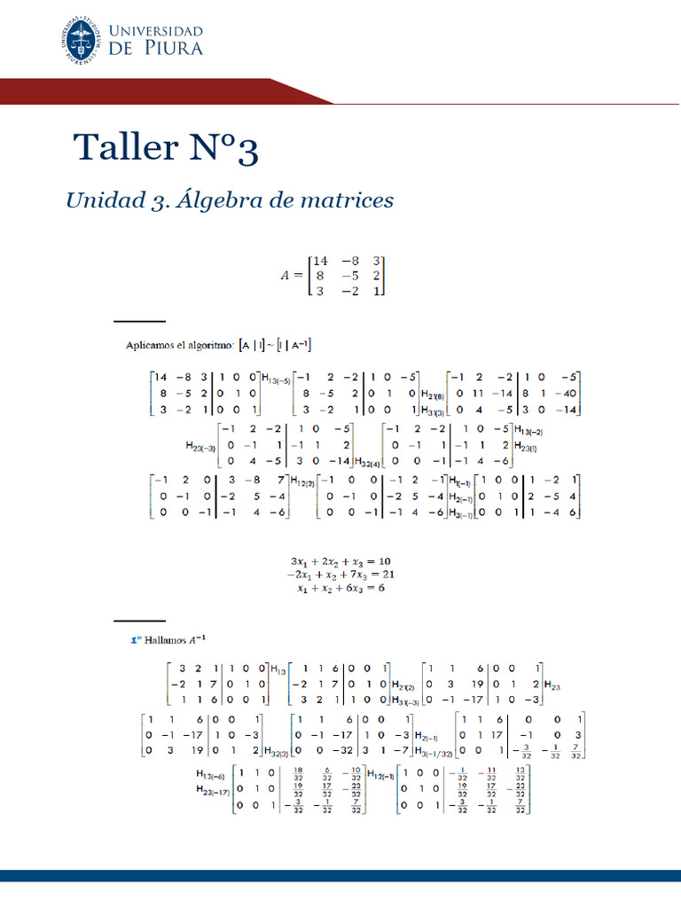 Taller Unidad 3. Algebra de Matrices (Parte1) | PDF | Matriz ...