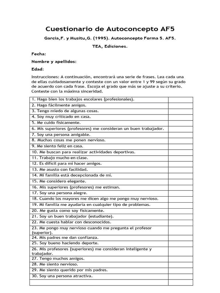 Cuestionario de Autoconcepto AF5 | PDF