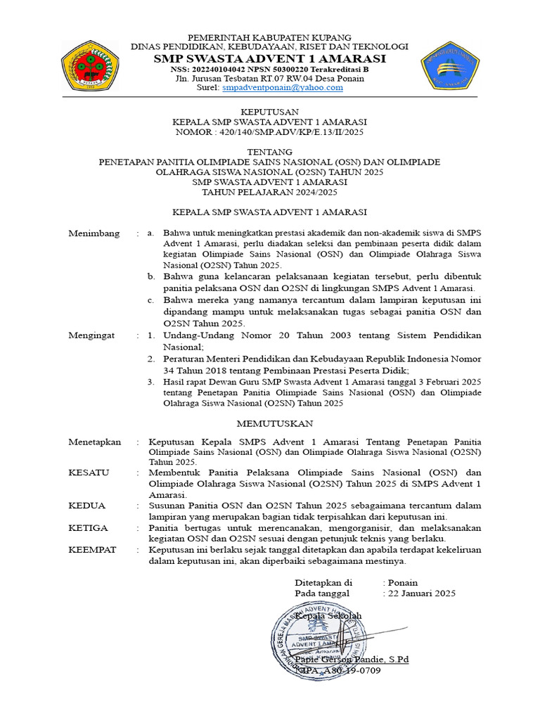 Panitia OSN dan O2SN SMP Advent 2025 | PDF