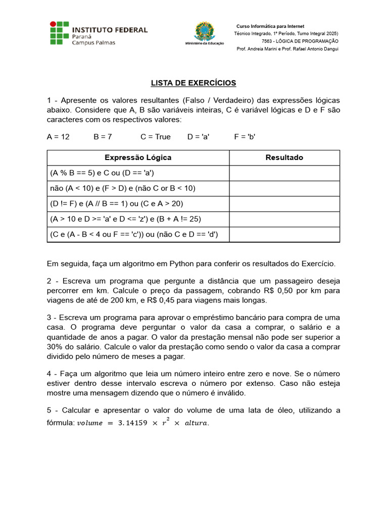 Exercícios de Lógica de Programação em Python | PDF | Lógica matemática ...