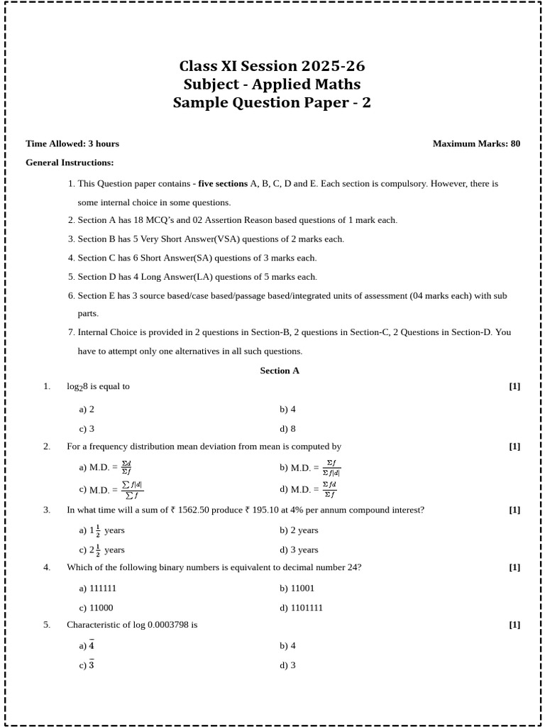 Class XI Applied Maths Sample Paper | PDF | Mode (Statistics)