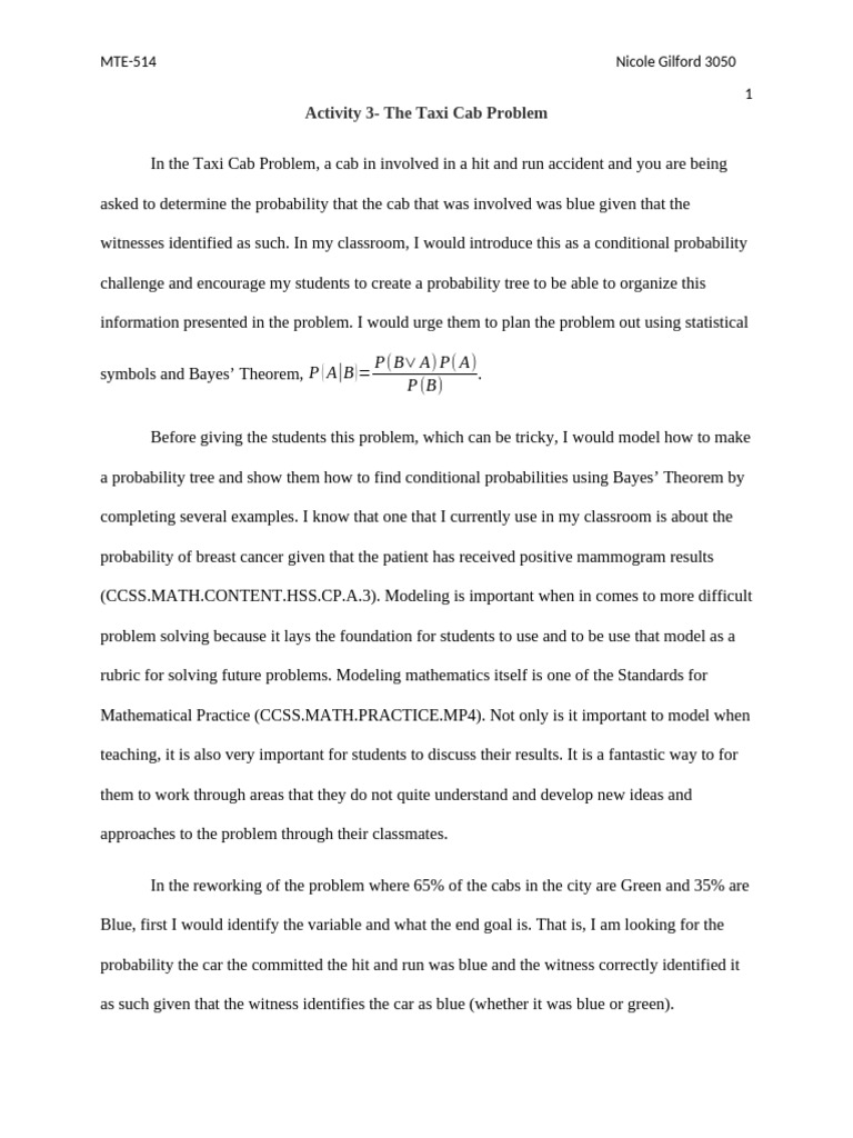 Conditional Probability in Taxi Cab Problem | PDF | Mathematics ...