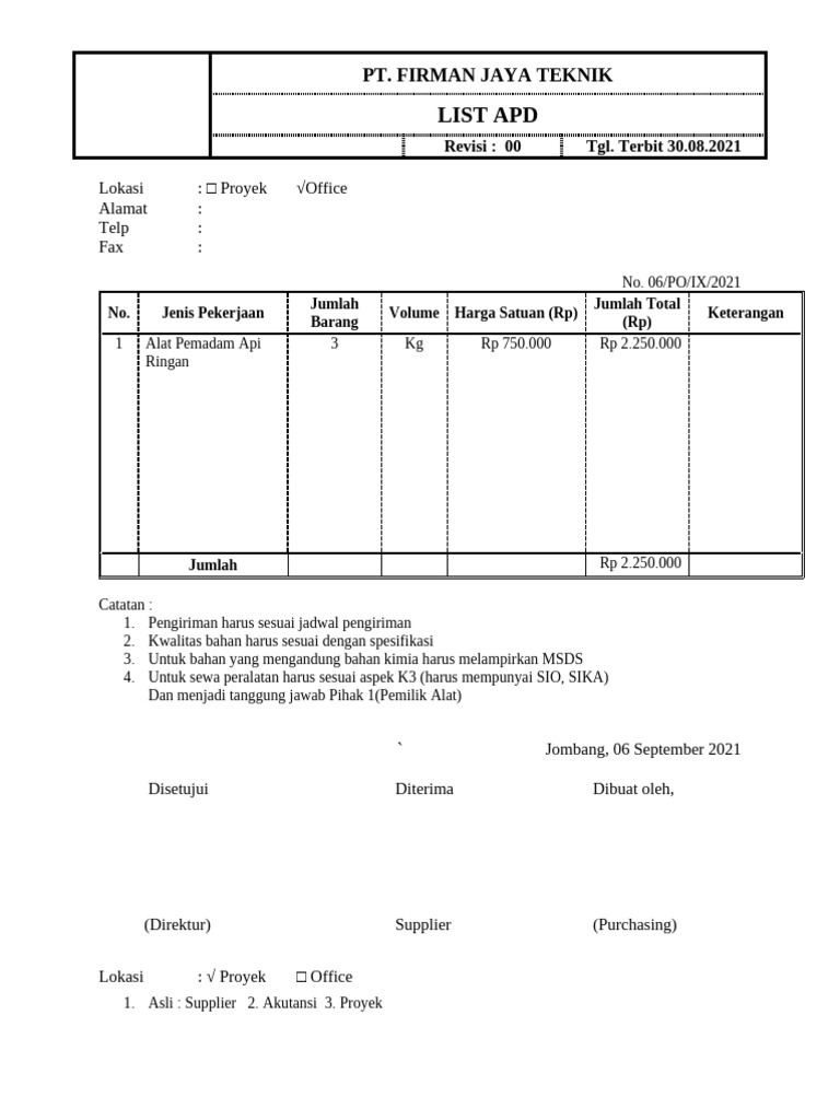 Daftar APD PT. Firman Jaya Teknik | PDF