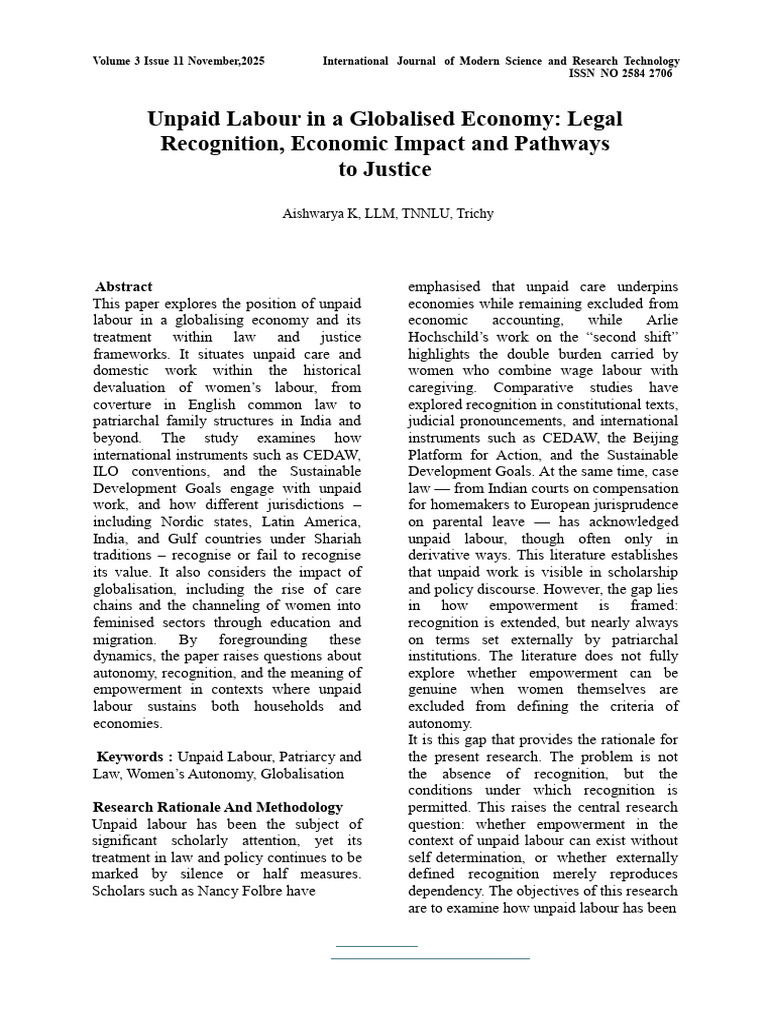 Unpaid Labour in A Globalised Economy Legal Recognition, Economic ...