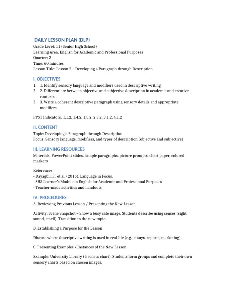 Descriptive Writing Lesson Plan for Grade 11 | PDF | Learning | Perception