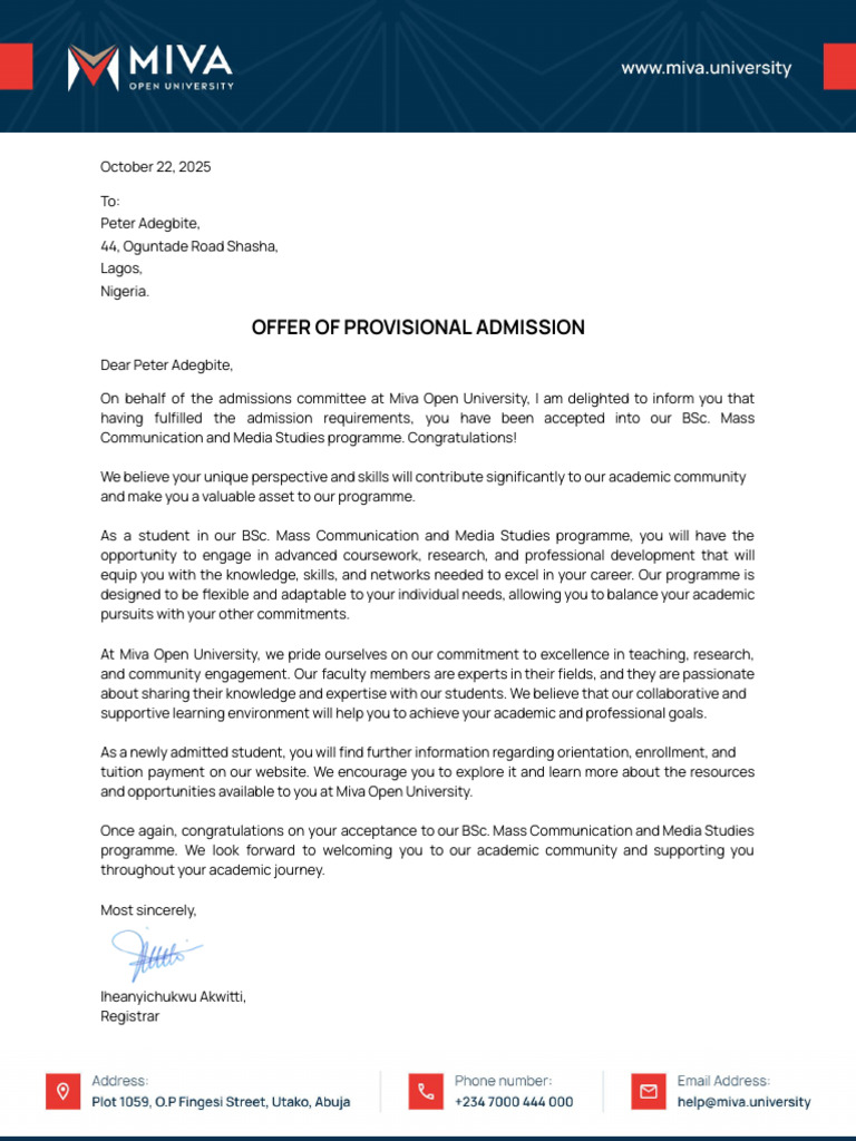 Admission Letter Peter Adegbite | PDF