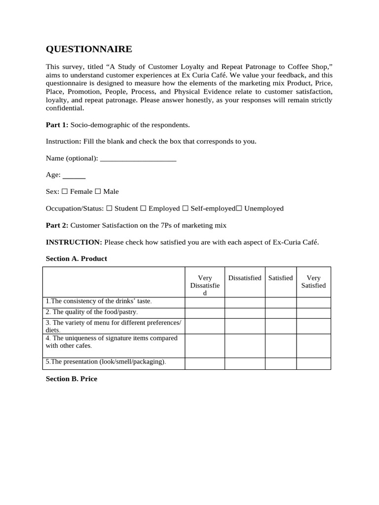 Fina Questionnaire | PDF | Coffeehouse | Customer Satisfaction