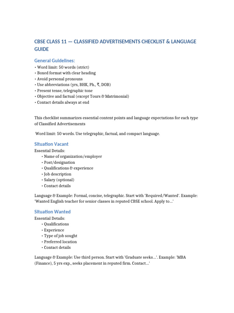 GRADE 11 - Classified Ads Checklist | PDF | Linguistics