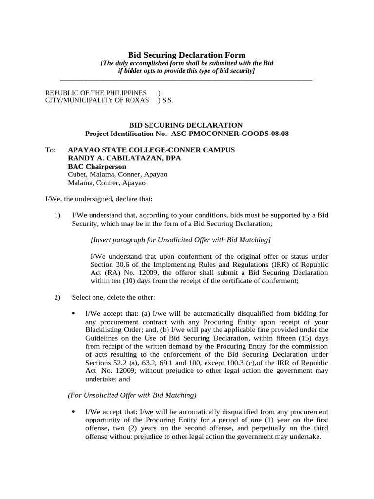 Bid Securing Declaration Form Template | PDF | Common Law | Justice